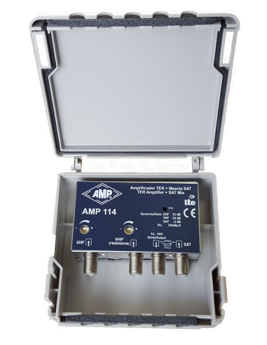 AMP114 Amplificador 3 entradas VHF+DAB 24dB, UHF 33dB, SAT mezcla 