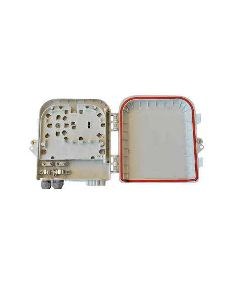 Caja de empalme y distribución IP65 2p entrada / 8p salida, capacidad 8 fusiones + 8 adaptadores SC, 181x207x45mm