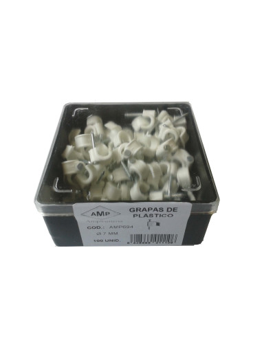 AMP694 Grapa blanca abierta clavo acero N7 (Caja plástica 100 ud)