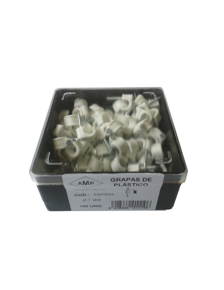 AMP694 Grapa blanca abierta clavo acero N7 (Caja plástica 100 ud)